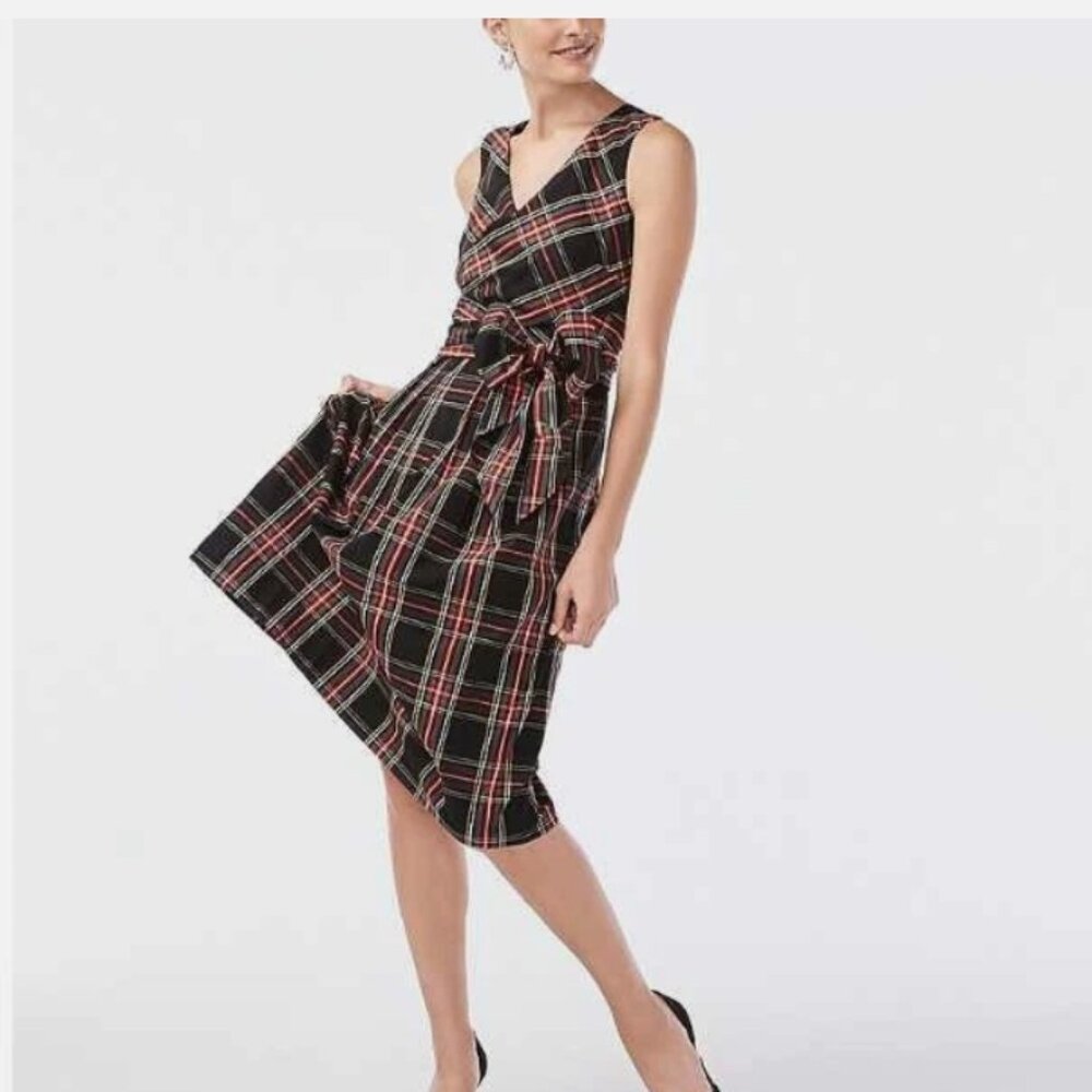 J. Crew Factory Black Plaid Midi Dress with Red & Cream Stripes